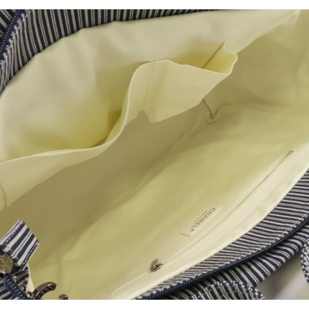 5396 - Chanel Canvas CC Striped Tote Bag Ginpaku Hand Stitched